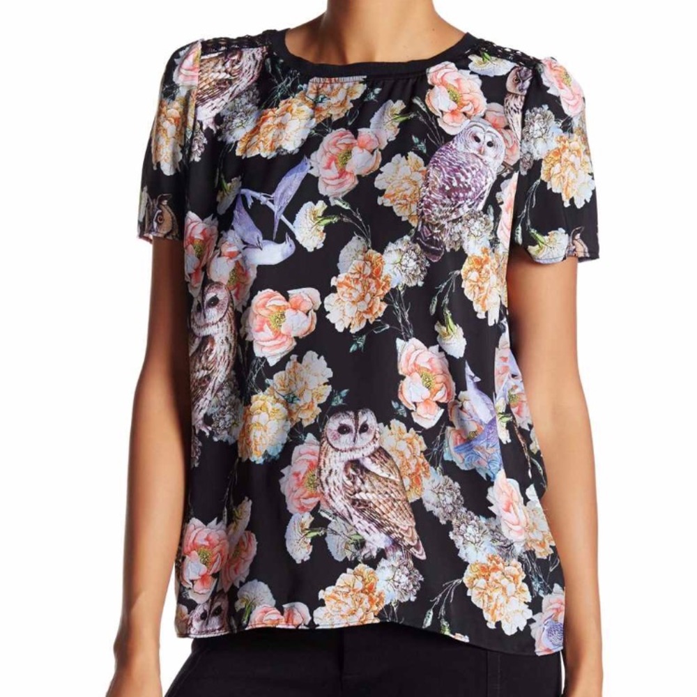 Owl print blouse with split open back